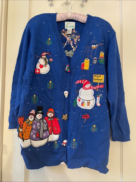 The Quacker Factory Sweaters - Vintage Blue Women's Holiday Snowman Cardigan Sweater